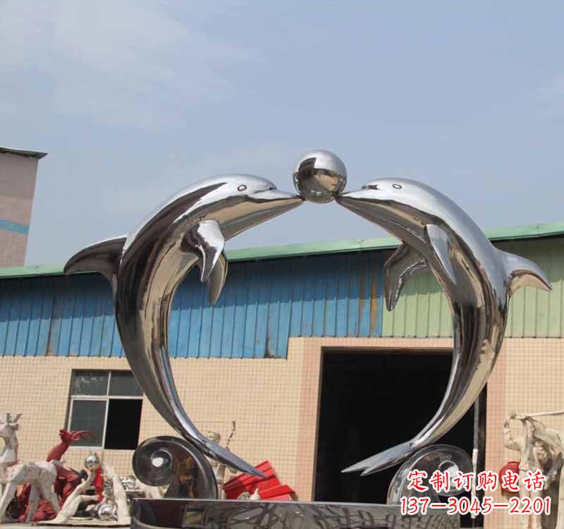 湖州海豚之恋——不锈钢公园镜面海豚顶球雕塑