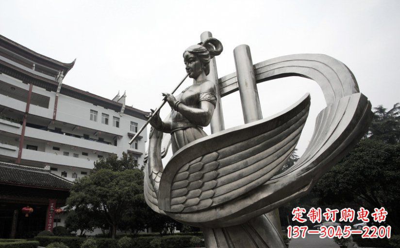 湖州古典美女不锈钢吹笛子雕塑
