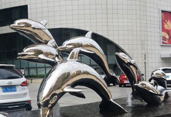 湖州海豚雕塑点亮城市商场的不锈钢镜面水景