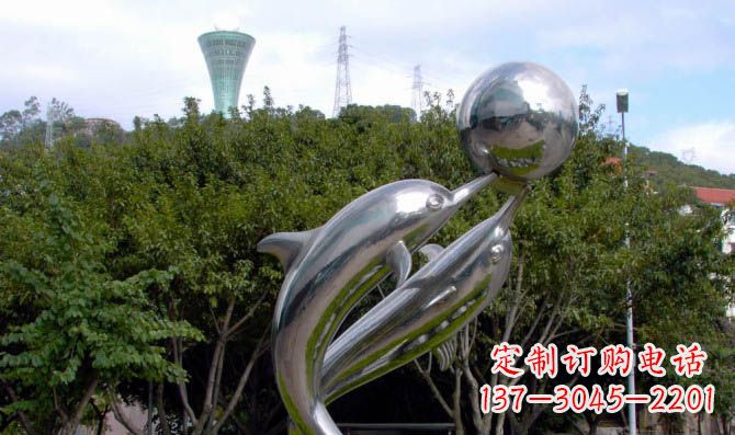湖州高贵静谧的不锈钢海豚顶球雕塑