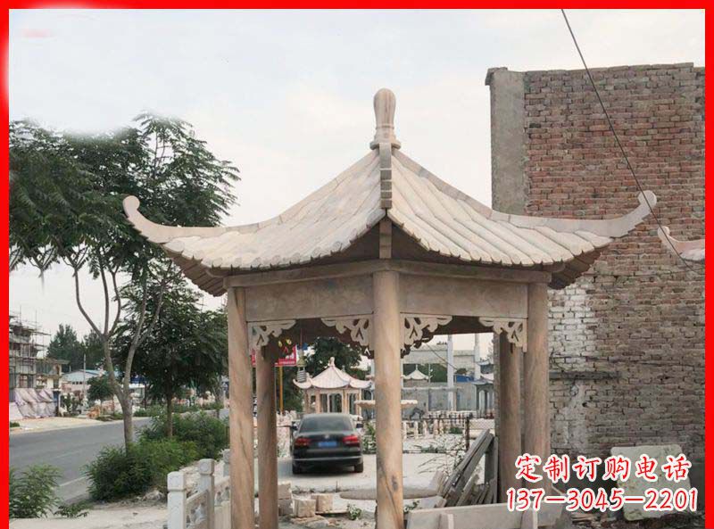 湖州公园晚霞红六角石凉亭雕塑