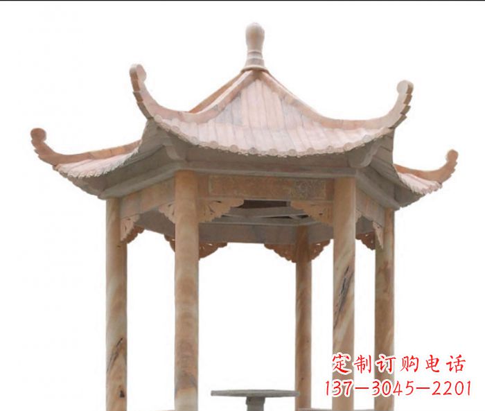 湖州美丽而优雅的公园晚霞红六角石凉亭雕塑