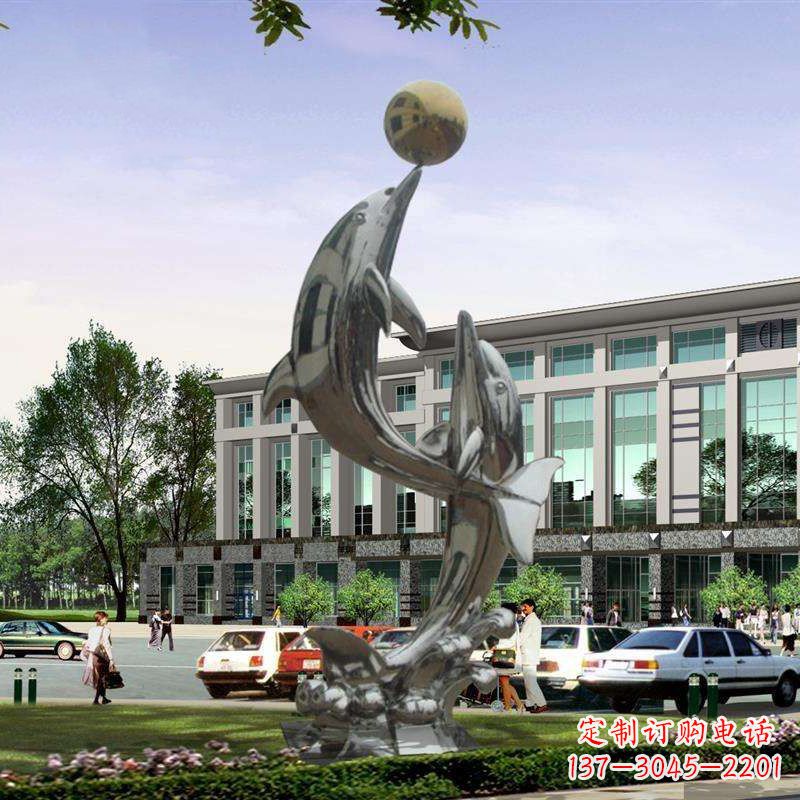 湖州不锈钢海豚戏球雕塑,营造清新海岸风情