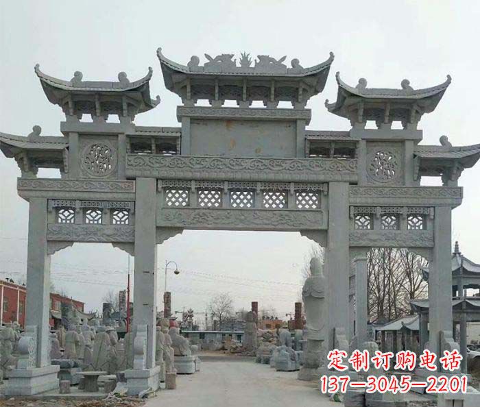 湖州三门牌坊石雕,精美汉风石雕装饰景区
