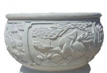 湖州汉白玉松鹤延年浮雕水缸，带给您无尽的岁月美景