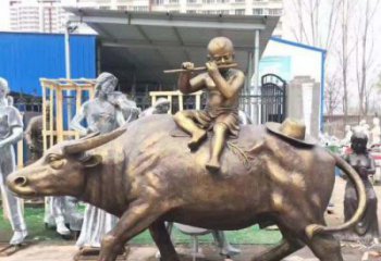 湖州专为儿童量身定制的牧童骑在牛背吹笛铜雕