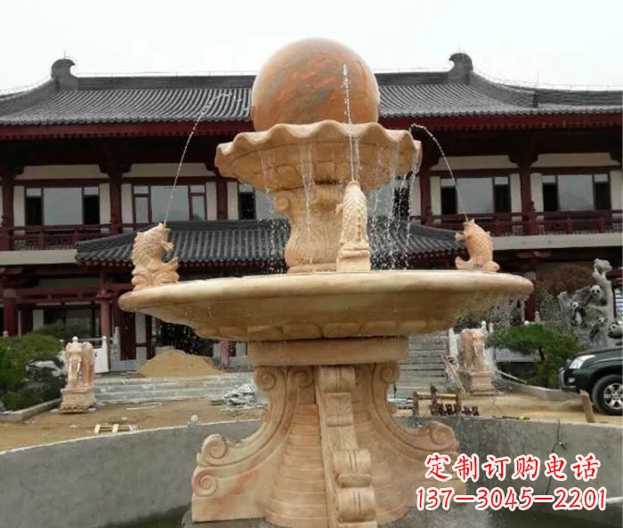 湖州双层风水球喷泉晚霞红石雕