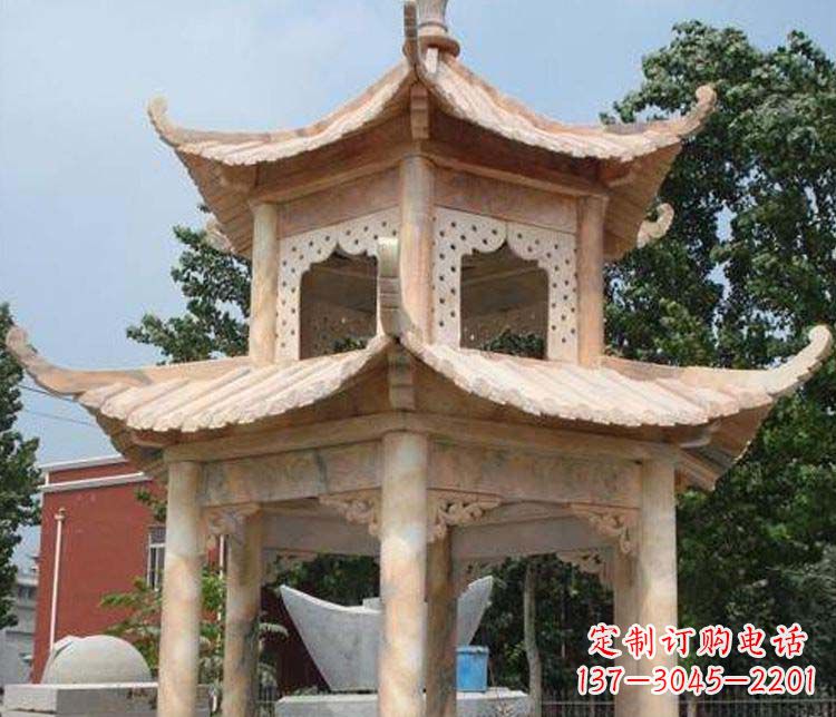 湖州双层晚霞红凉亭石雕