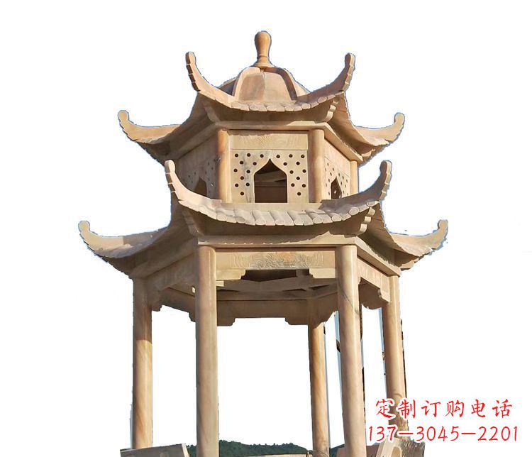 湖州双层晚霞红凉亭石雕 (2)