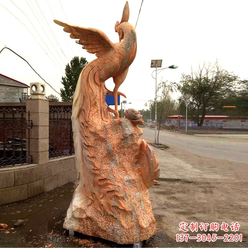 湖州晚霞红大理石瑞鸟凤凰雕塑