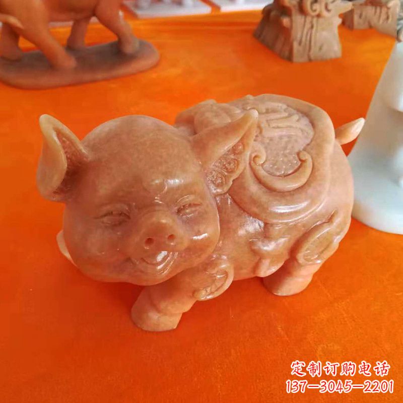 湖州晚霞红大理石招财猪雕塑-企业商场创意生肖动物风水摆件