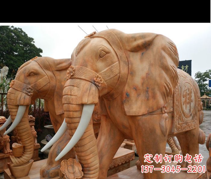 湖州晚霞红吉祥如意门口镇宅招财大象石雕 (3)