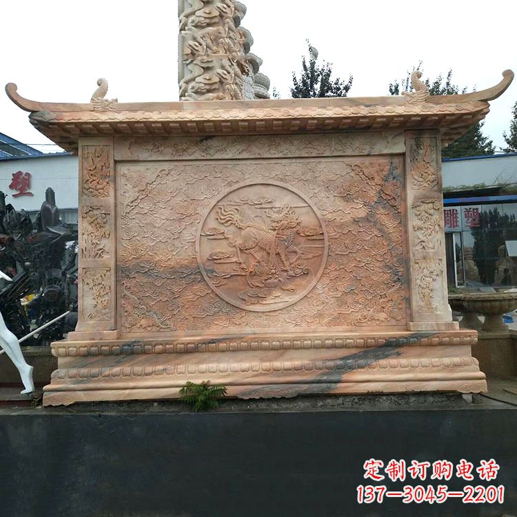 湖州晚霞红麒麟影壁墙石雕