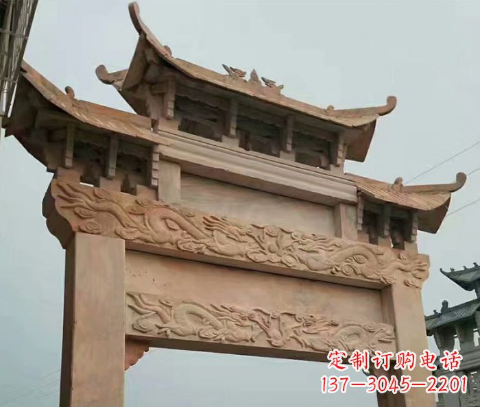 湖州晚霞红石雕单门牌坊