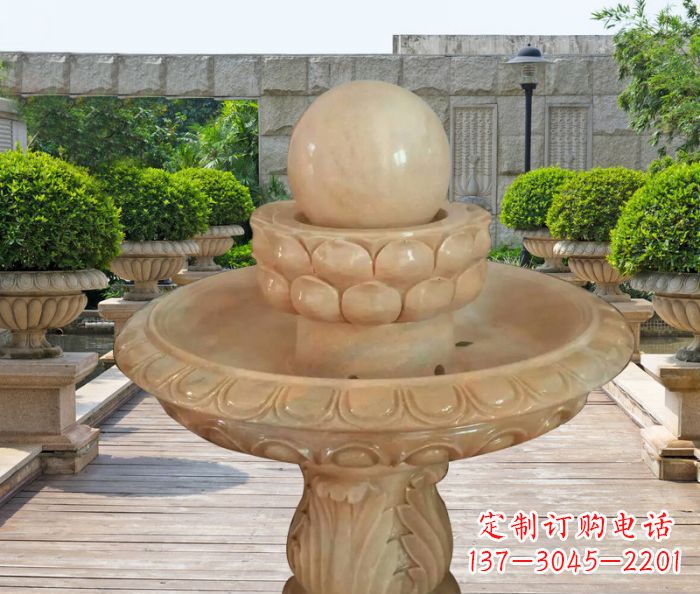 湖州晚霞红双层风水球公园喷泉石雕 (2)