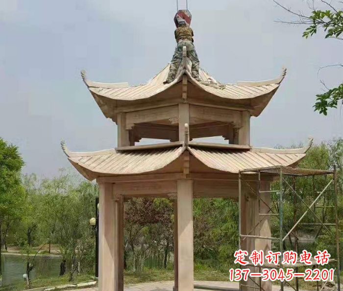 湖州晚霞红双层凉亭石雕 (2)