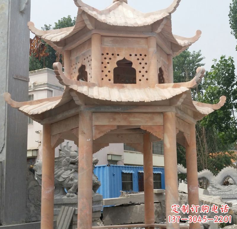 湖州晚霞红双层六角凉亭石雕 (2)