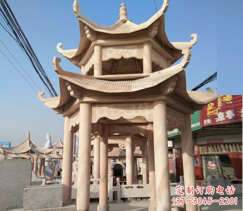 湖州晚霞红双层六角凉亭石雕 (3)