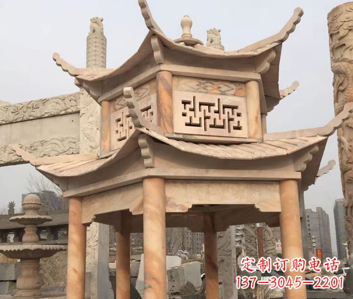湖州晚霞红双层石雕凉亭