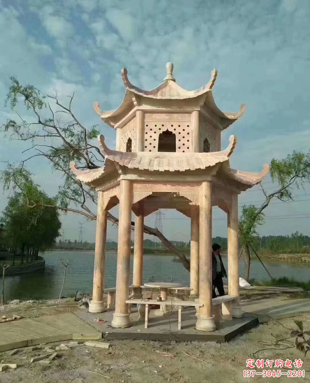 湖州晚霞红双层石凉亭 (2)