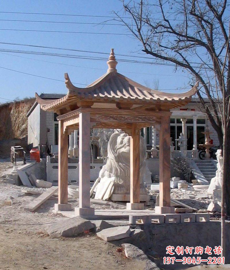 湖州晚霞红四角凉亭景观石雕