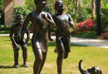 湖州宁夏中领雕塑推出的儿童铜雕跑步遛狗，一款…