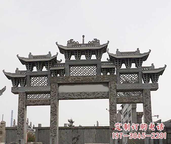 湖州园林仿古三门牌坊石雕 (4)