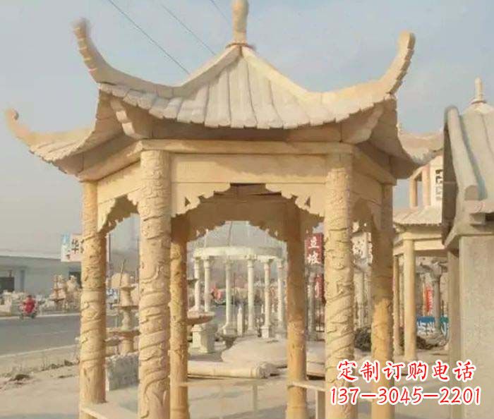 湖州园林景观晚霞红六角石雕凉亭 (3)
