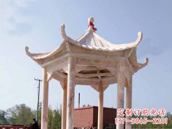 湖州园林景观晚霞红六角石雕凉亭