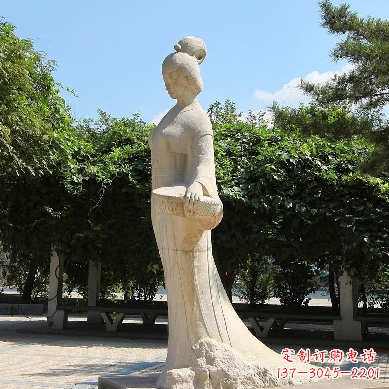 湖州园林历史人物著名美女秦罗敷砂岩石雕塑像