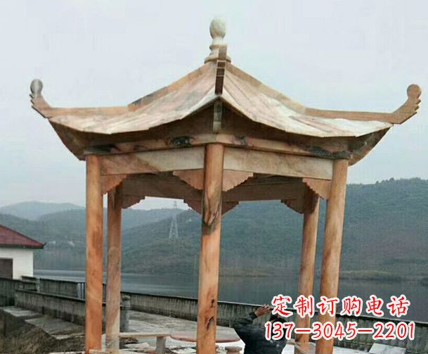 湖州园林晚霞红单层石凉亭景观石雕