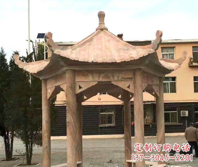 湖州园林晚霞红六角石雕凉亭