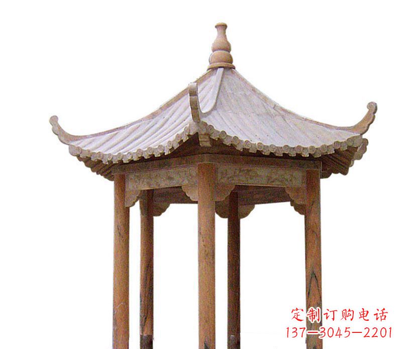 湖州园林晚霞红六角石凉亭景观石雕 (2)