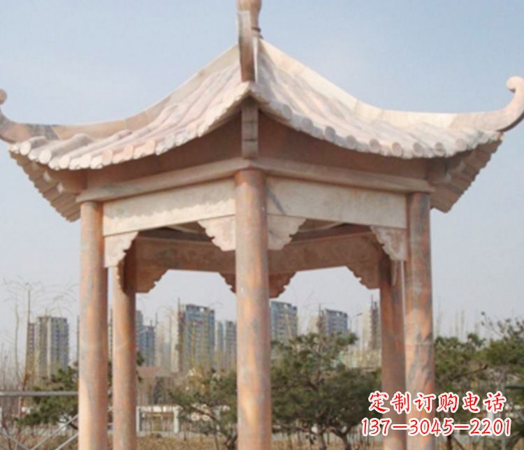 湖州园林晚霞红六角石凉亭景观石雕
