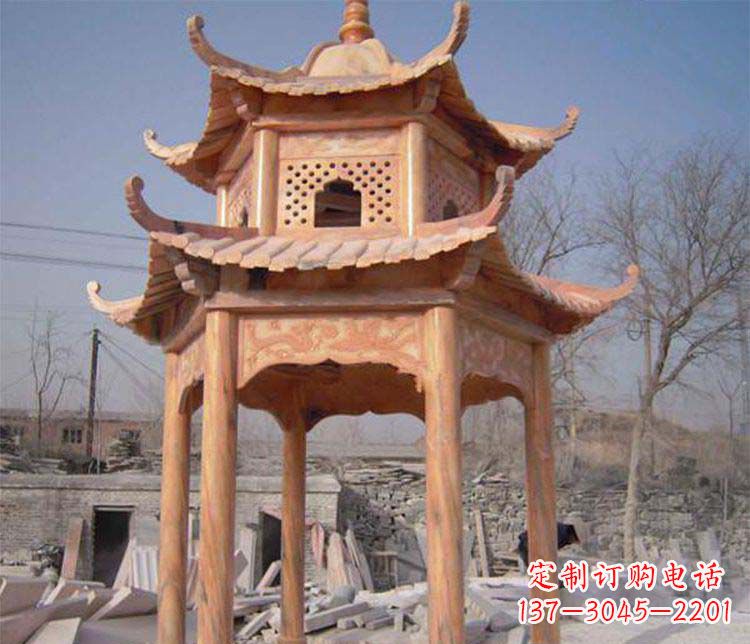 湖州园林晚霞红石凉亭景观石雕