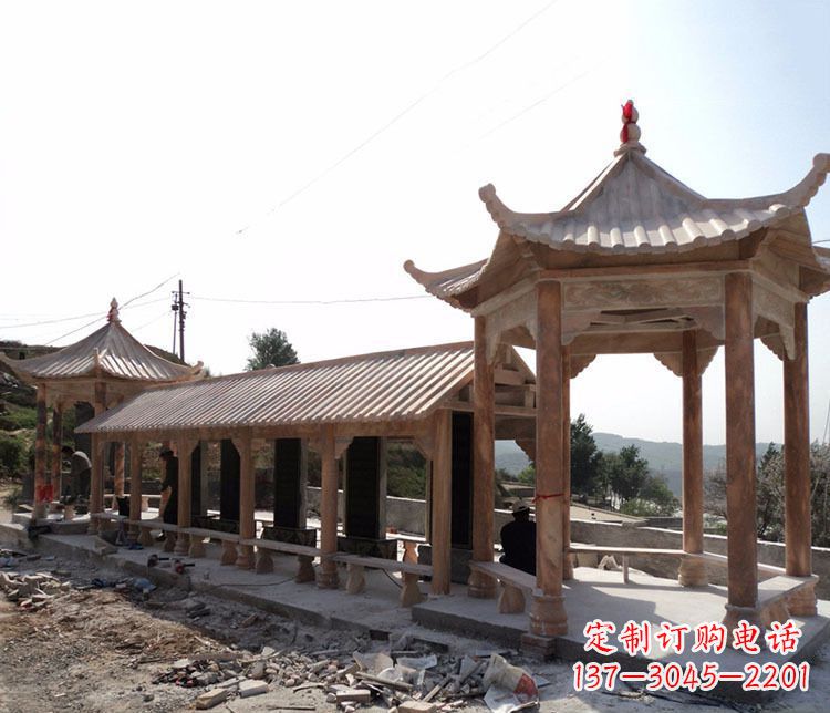湖州园林晚霞红长廊凉亭景观石雕